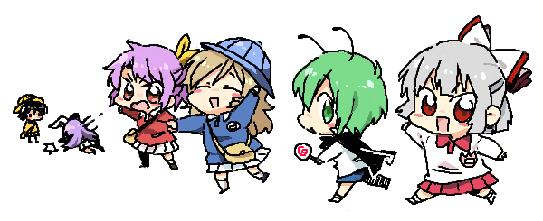 reisen udongein inaba, fujiwara no mokou, inaba tewi, wriggle nightbug, watatsuki no yorihime, and 1 more (touhou) drawn by 6_(yuchae)