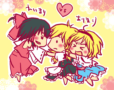 hakurei reimu, kirisame marisa, and alice margatroid (touhou) drawn by umemani