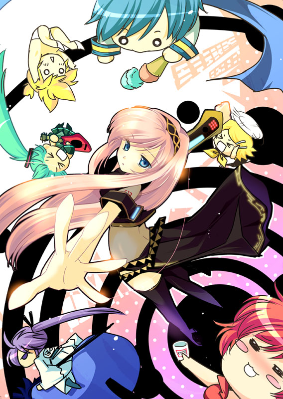 hatsune miku, kagamine rin, kagamine len, megurine luka, kaito, and 2 more (vocaloid and 1 more) drawn by child-box