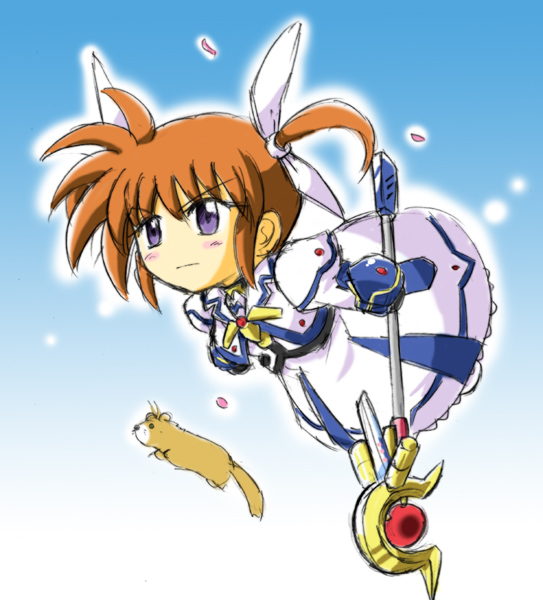 takamachi nanoha, raising heart, and yuuno scrya (lyrical nanoha and 2 more) drawn by wakabayashi_makoto