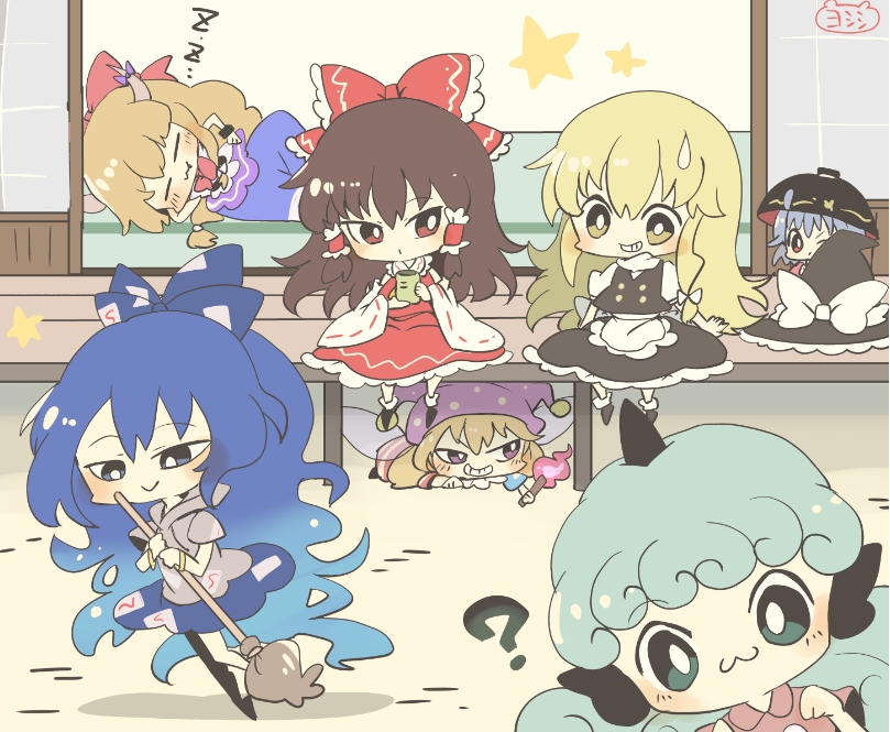 hakurei reimu, kirisame marisa, ibuki suika, clownpiece, sukuna shinmyoumaru, and 2 more (touhou) drawn by yoshishi_(yosisitoho)