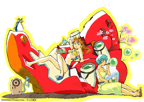 souryuu asuka langley, ayanami rei, eva 02, and penpen (neon genesis evangelion)