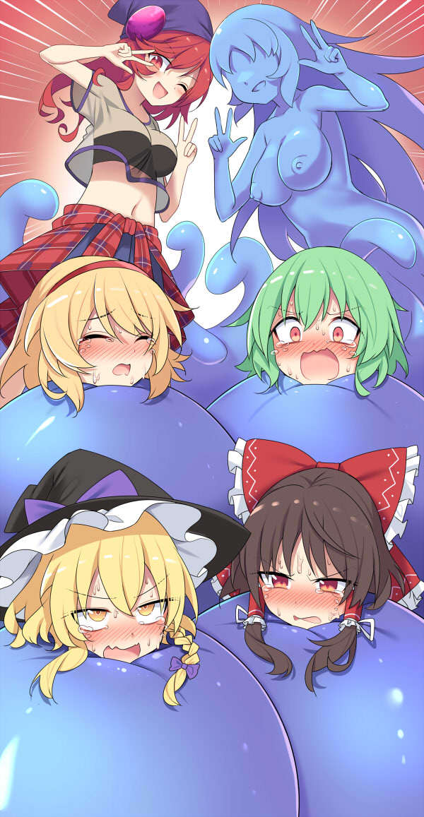 hakurei reimu, kirisame marisa, alice margatroid, kazami yuuka, and hecatia lapislazuli (touhou and 1 more) drawn by e.o.