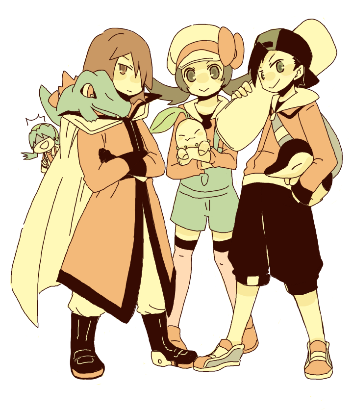 ethan, lyra, silver, kris, cyndaquil, and 2 more (pokemon and 2 more) drawn by tsukumoya_hajime