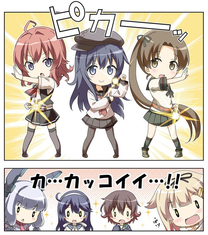 yuudachi, akatsuki, yuudachi kai ni, murakumo, ushio, and 7 more (kantai collection and 1 more) drawn by rioshi