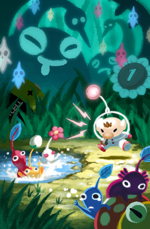 red pikmin, olimar, yellow pikmin, blue pikmin, purple pikmin, and 3 more (pikmin) drawn by efrain_farias