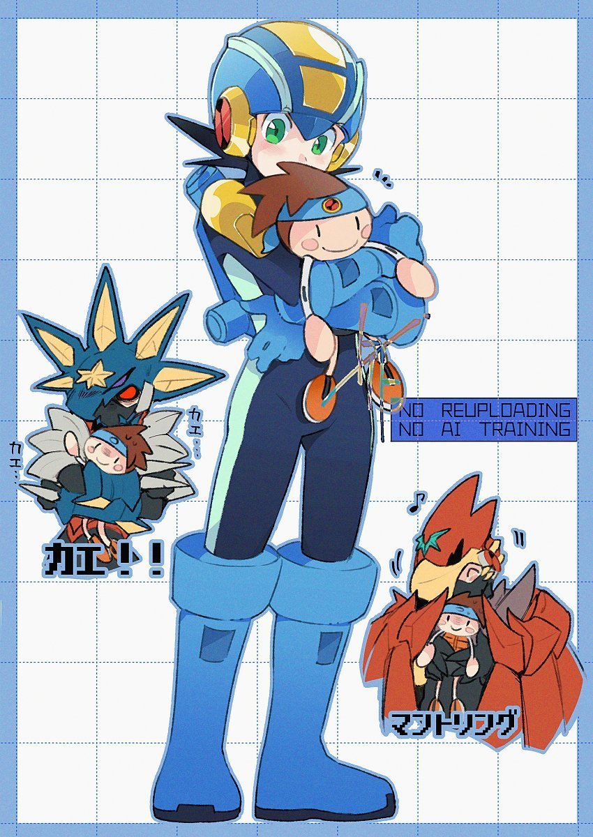 megaman.exe, lan hikari, gregar, and falzar (mega man and 2 more) drawn by to_i_to_io