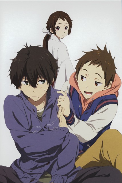 oreki houtarou, ibara mayaka, and fukube satoshi (hyouka)