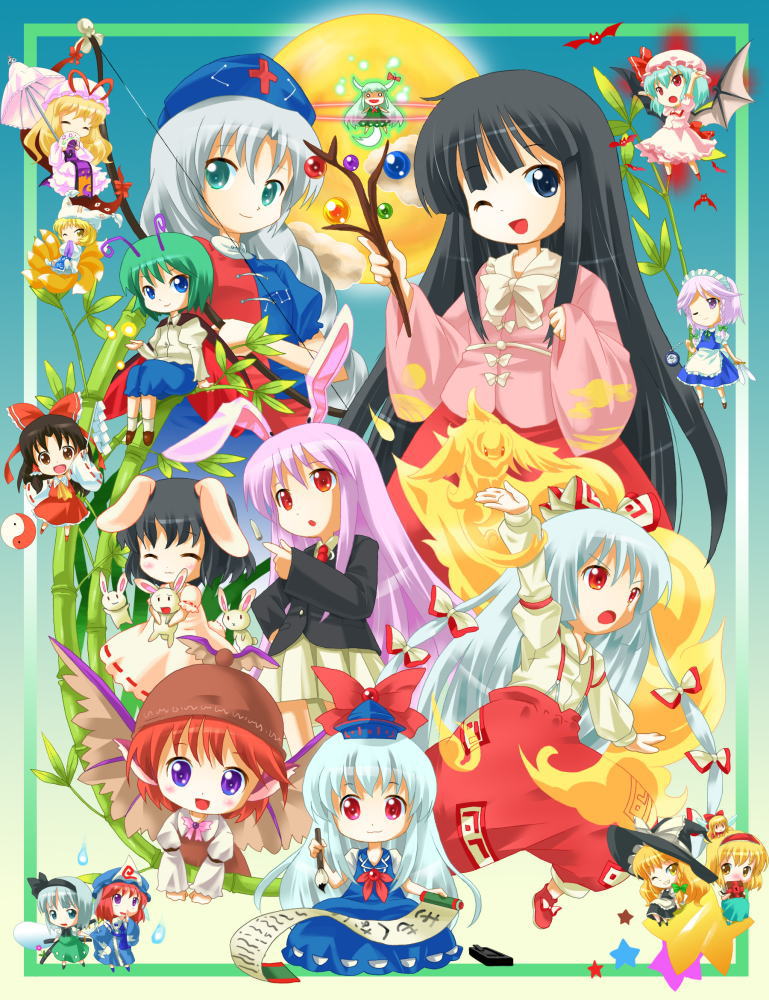 hakurei reimu, kirisame marisa, remilia scarlet, izayoi sakuya, konpaku youmu, and 14 more (touhou and 1 more) drawn by michii_yuuki