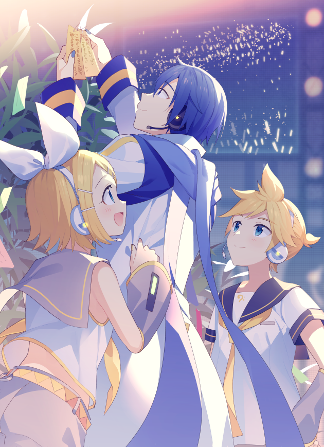 kagamine rin, kagamine len, and kaito (vocaloid) drawn by sinaooo