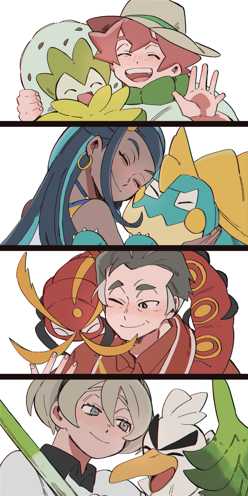 nessa, bea, kabu, sirfetch'd, milo, and 3 more (pokemon and 1 more) drawn by wim_wim
