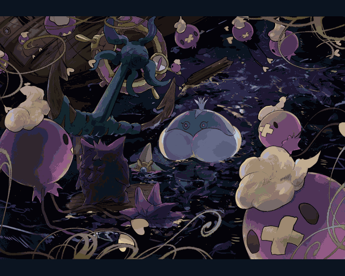 gengar, drifloon, staryu, starmie, jellicent, and 1 more (pokemon) drawn by awai_(pixiv29777040)