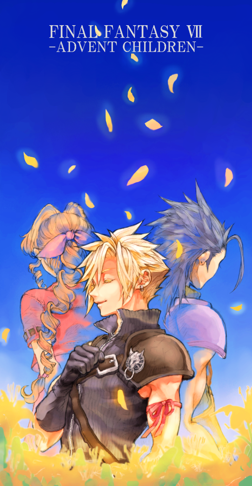 cloud strife, aerith gainsborough, and zack fair (final fantasy and 2 more) drawn by kunugi37