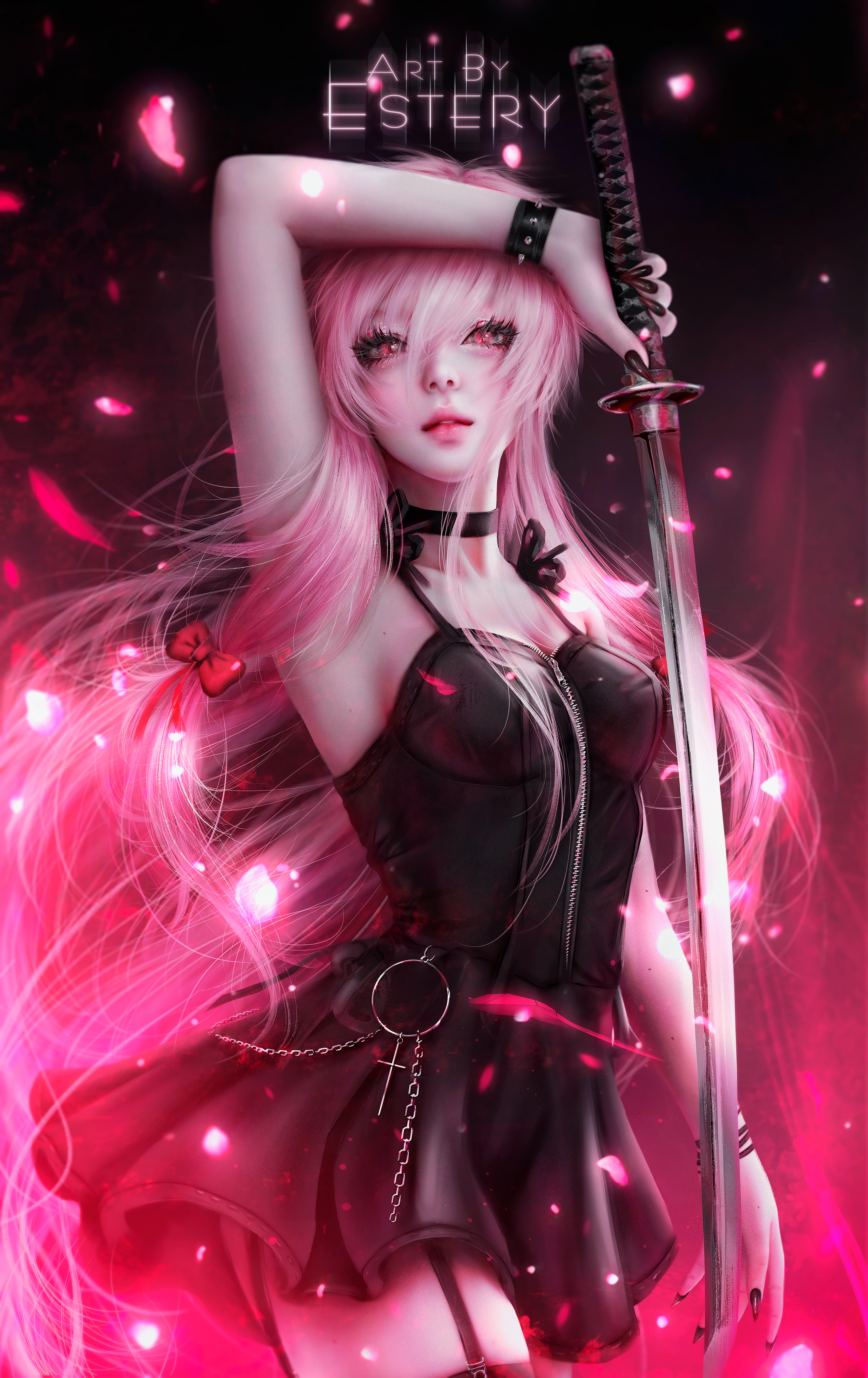 blood blush gasai yuno jackiexp long hair mirai nikki pink eyes pink hair  ribbons twintails weapon