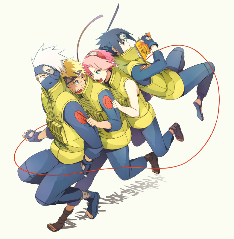 haruno sakura, uzumaki naruto, uchiha sasuke, and hatake kakashi (naruto) drawn by oba-min