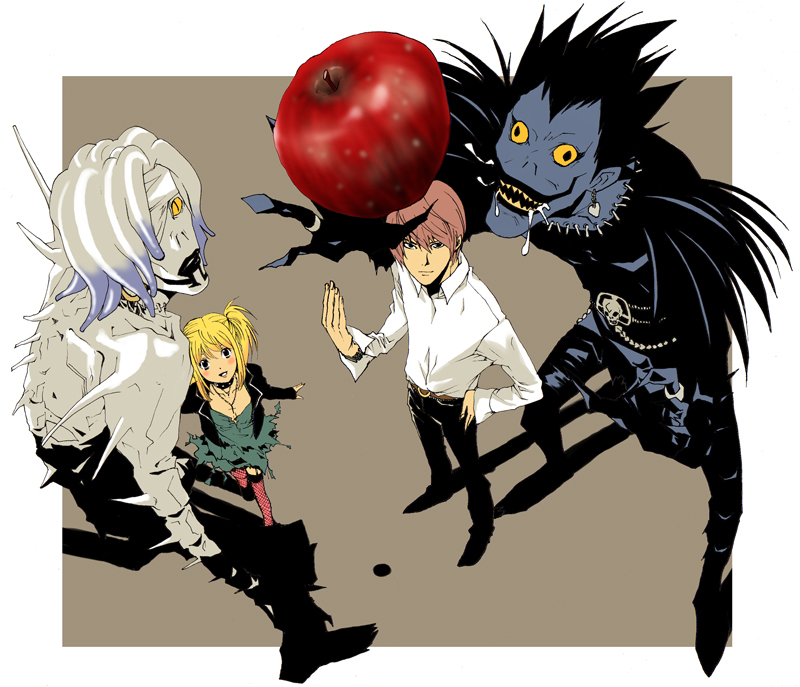 yagami light, amane misa, ryuk, and rem (death note) drawn by coco_(nattou)