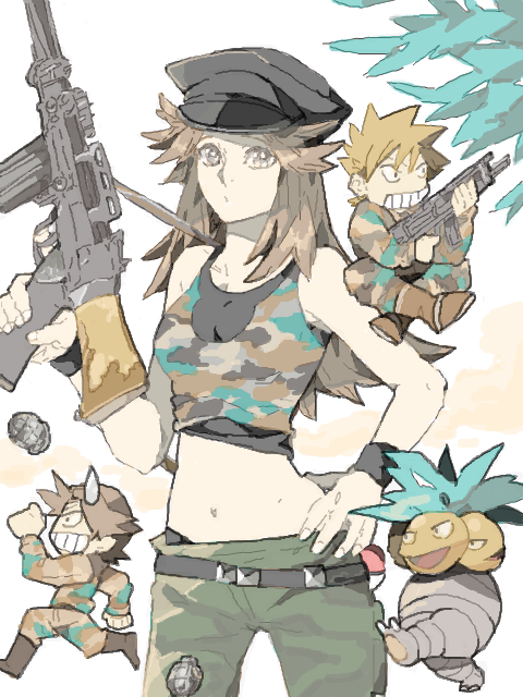 red, blue oak, leaf, and exeggutor (pokemon and 1 more) drawn by rotasu