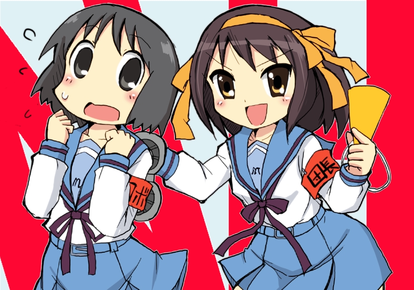 suzumiya haruhi and shinonome nano (suzumiya haruhi no yuuutsu and 2 more) drawn by zubatto_(makoto)