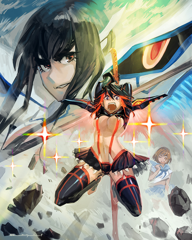 matoi ryuuko, senketsu, kiryuuin satsuki, mankanshoku mako, and junketsu (kill la kill) drawn by kare_huang