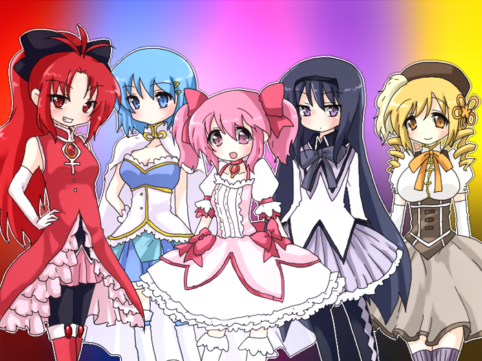 akemi homura, kaname madoka, miki sayaka, sakura kyoko, and tomoe mami (mahou shoujo madoka magica) drawn by kurageu