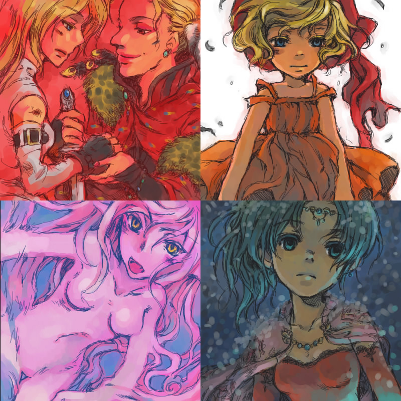 terra branford, celes chere, relm arrowny, kefka palazzo, and trance terra branford (final fantasy and 1 more) drawn by kanda