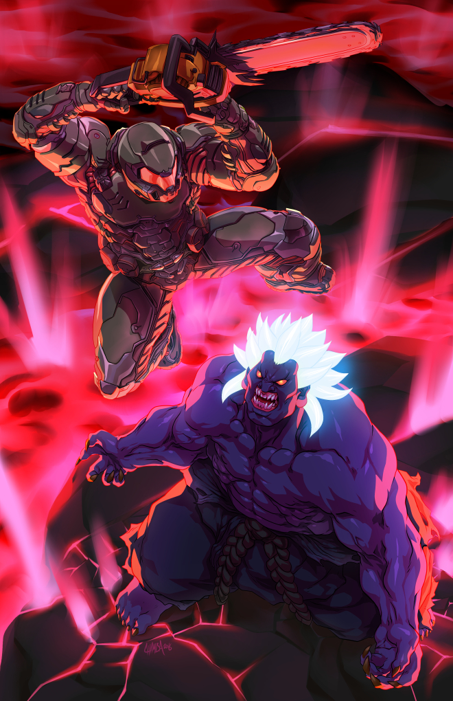 akuma, doomguy, and kuruoshiki oni (street fighter and 2 more) drawn by chamba