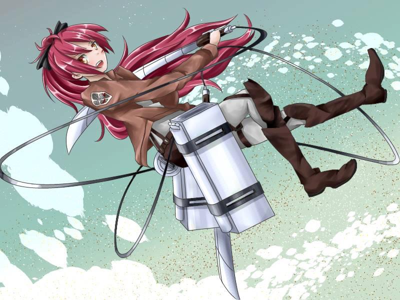 sakura kyoko and mikasa ackerman (mahou shoujo madoka magica and 1 more) drawn by yuunagi_(x_aym_x)