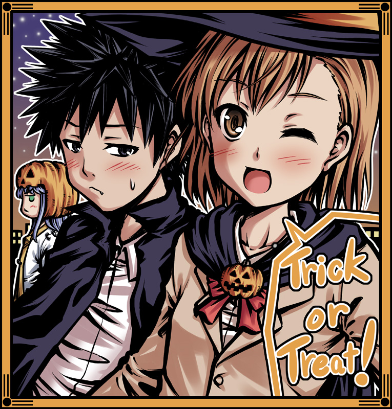 misaka mikoto, kamijou touma, and index (toaru majutsu no index) drawn by mozan