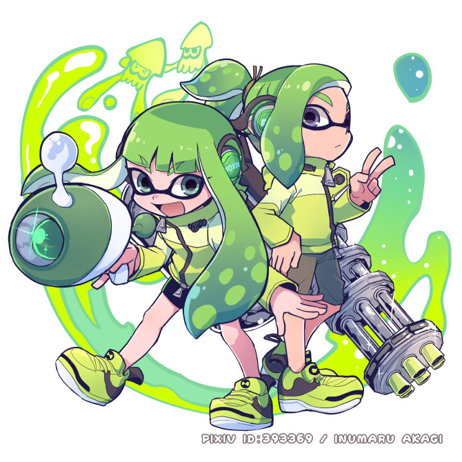 inkling player character, inkling girl, and inkling boy (splatoon) drawn by inumaru_akagi