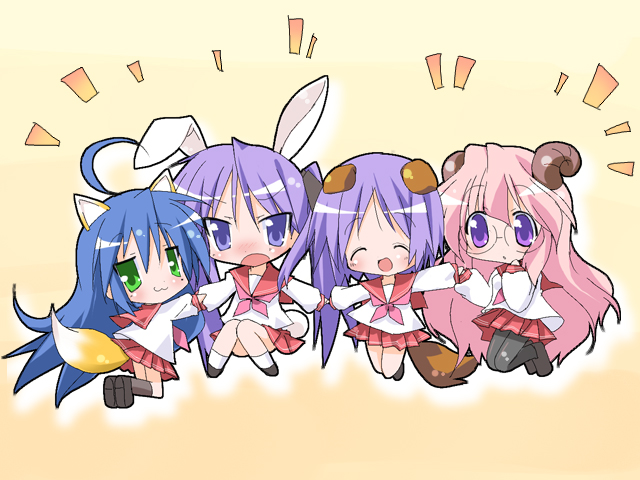 hiiragi kagami, izumi konata, hiiragi tsukasa, and takara miyuki (lucky star) drawn by paco