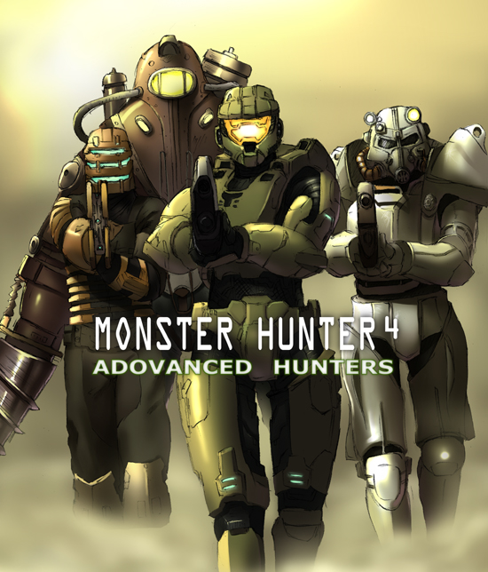 master chief, isaac clarke, big daddy, lone wanderer, subject delta, and 1 more (monster hunter and 8 more) drawn by km_yama