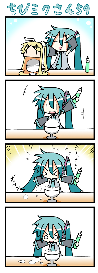 hatsune miku, kagamine rin, and chibi miku (vocaloid) drawn by minami_(colorful_palette)