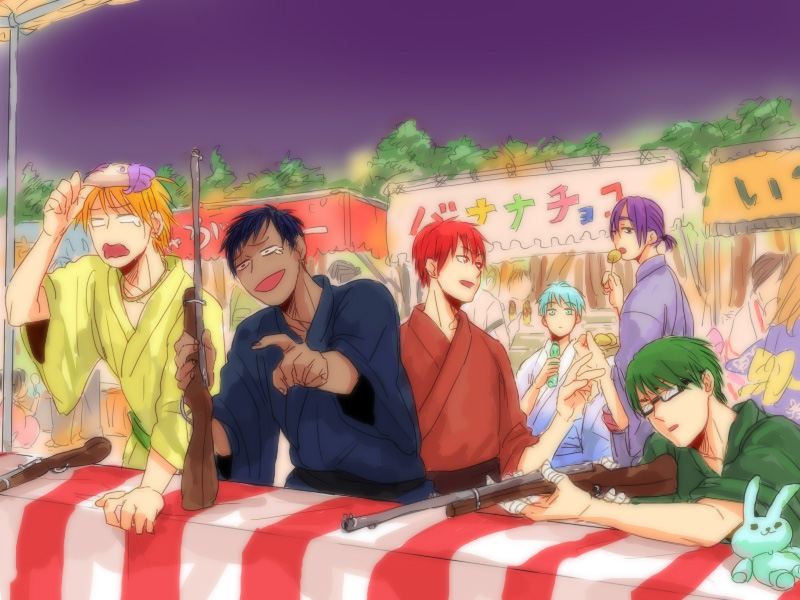 kuroko tetsuya, aomine daiki, kise ryouta, akashi seijuurou, midorima shintarou, and 1 more (kuroko no basuke) drawn by hnbs