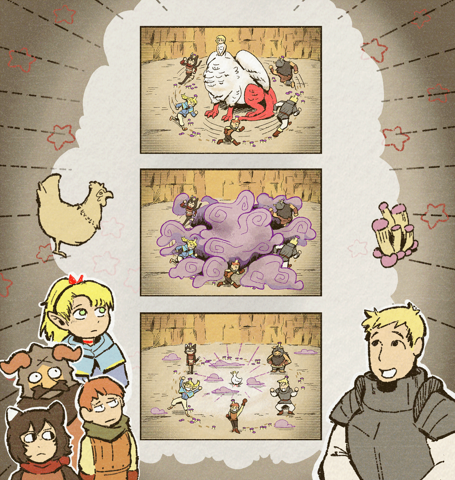 marcille donato, falin touden, laios touden, senshi, chilchuck tims, and 1 more (dungeon meshi) drawn by duckmeat_woohoo