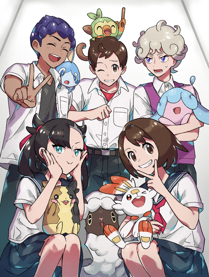 marnie, gloria, morpeko, scorbunny, sobble, and 6 more (pokemon and 1 more) drawn by suruga_dbh