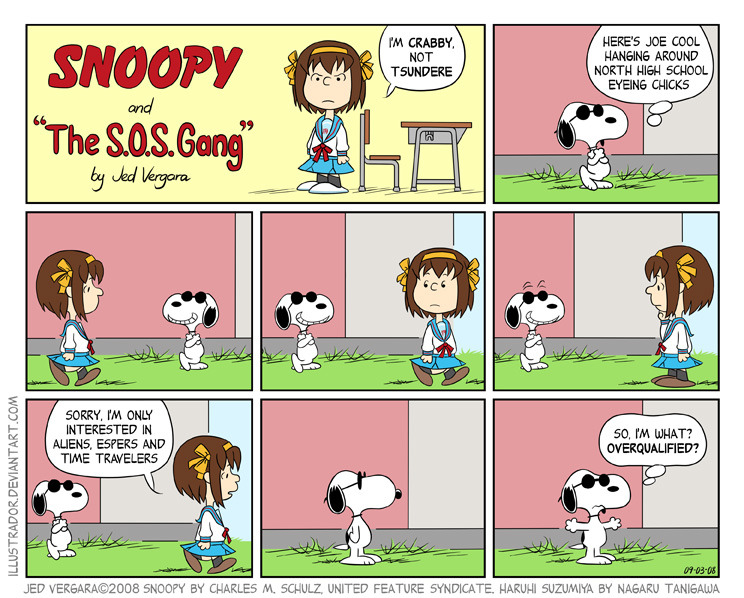 suzumiya haruhi, snoopy, and joe cool (suzumiya haruhi no yuuutsu and 1 more) drawn by jed_vergara