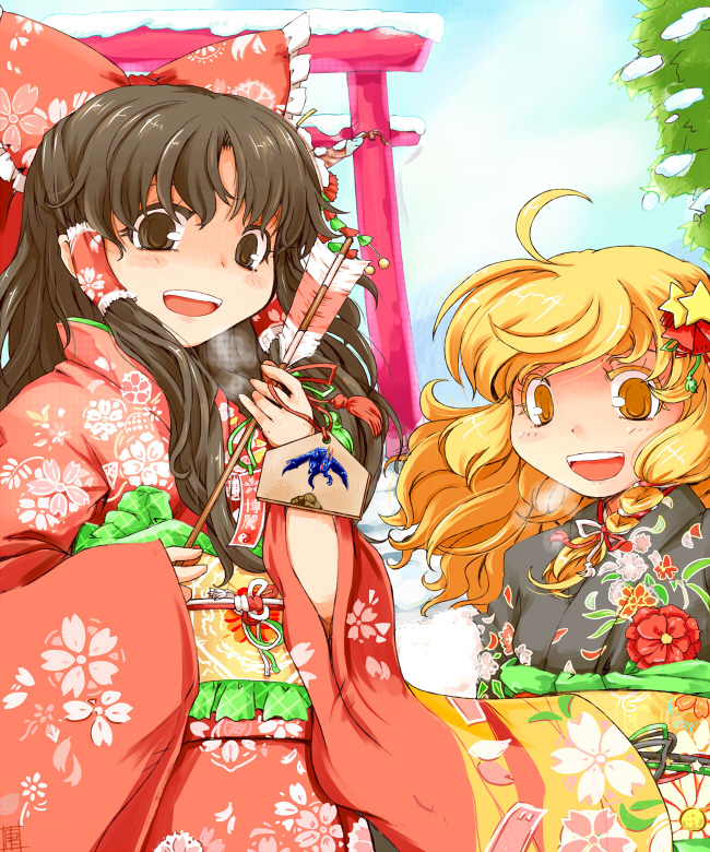 hakurei reimu and kirisame marisa (touhou) drawn by kanoe_soushi
