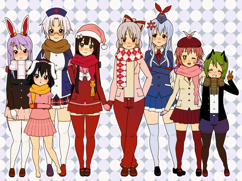 reisen udongein inaba, fujiwara no mokou, kamishirasawa keine, houraisan kaguya, mystia lorelei, and 3 more (touhou and 1 more) drawn by rainney