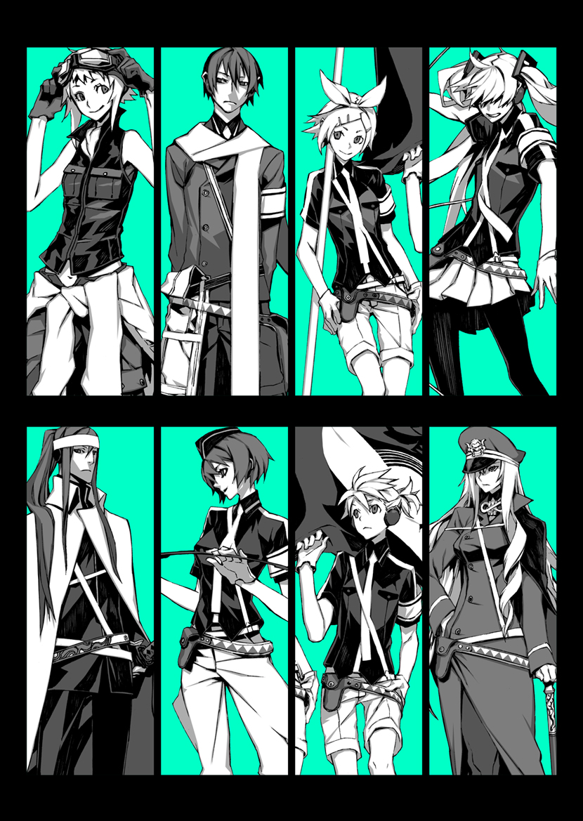 hatsune miku, kagamine rin, kagamine len, megurine luka, kaito, and 3 more (vocaloid and 1 more) drawn by miwa_shirow