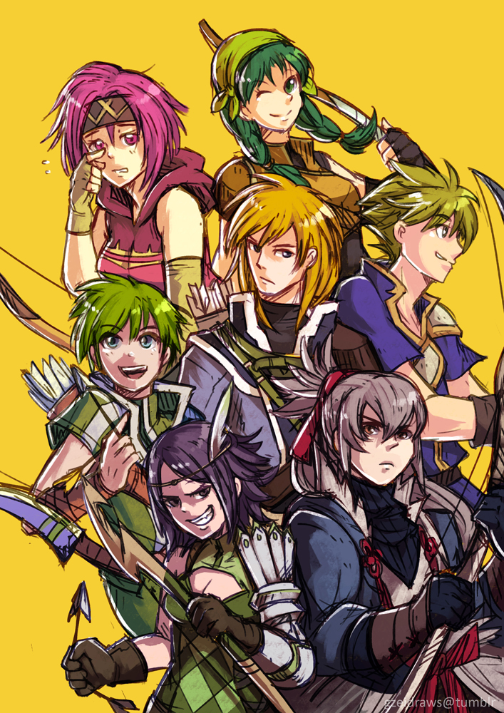 takumi, noire, rebecca, wolt, neimi, and 2 more (fire emblem and 7 more) drawn by gzei