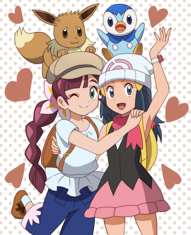 dawn, eevee, piplup, and chloe (pokemon and 1 more) drawn by onomekaman