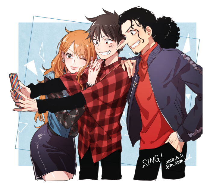 nami, monkey d. luffy, and usopp (one piece) drawn by nakumonaga_uma