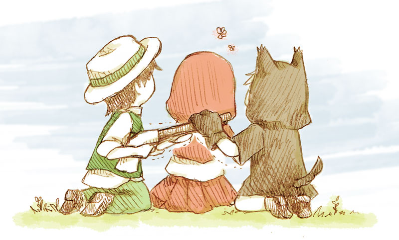 little red riding hood, kido tsubomi, kano shuuya, and seto kousuke (kagerou project and 1 more) drawn by yellowiris