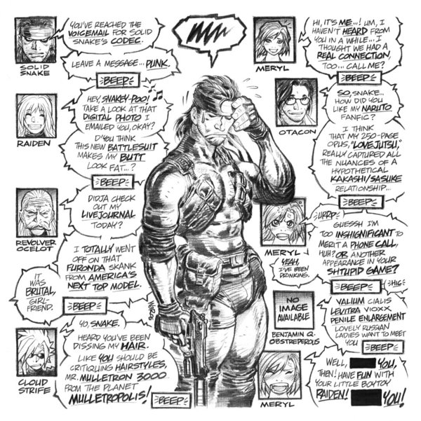 cloud strife, solid snake, raiden, revolver ocelot, meryl silverburgh, and 1 more (final fantasy and 3 more) drawn by adam_warren