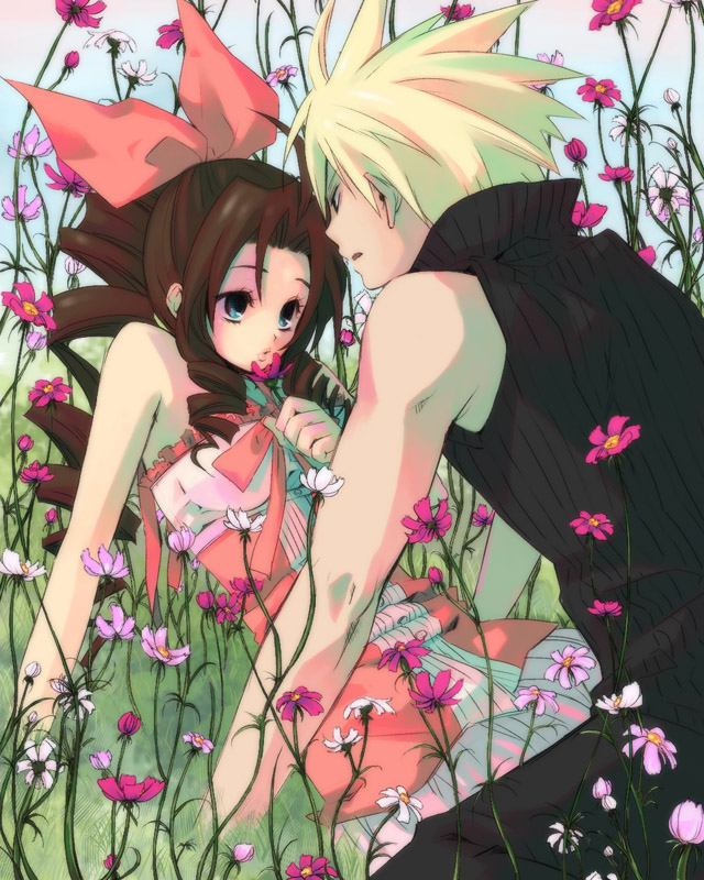 cloud strife and aerith gainsborough (final fantasy and 4 more) drawn by hidaka_ryou