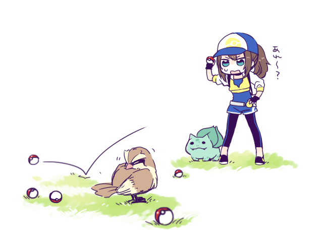 bulbasaur, female protagonist, and pidgey (pokemon and 1 more) drawn by katagiri_(mighty_swing)