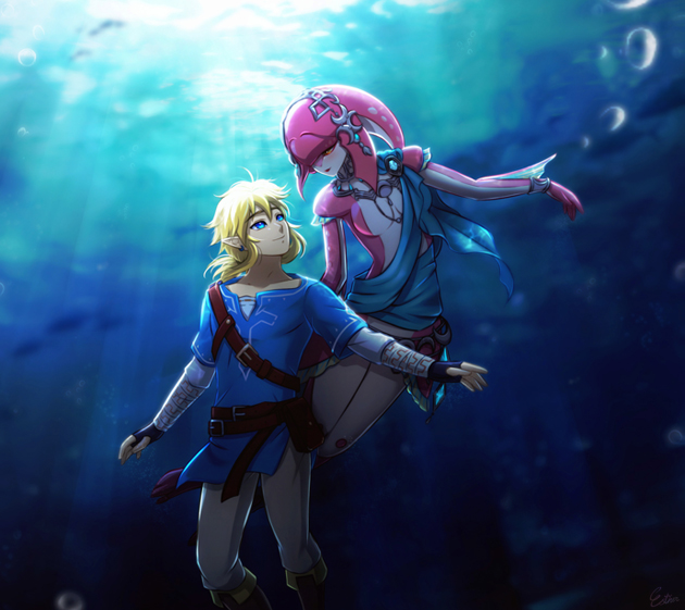 link and mipha (the legend of zelda and 1 more) drawn by esther_shen