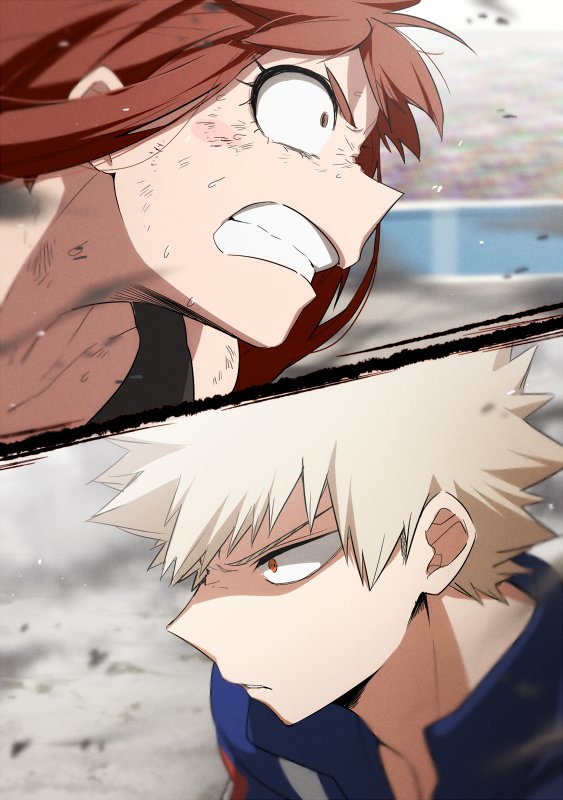 uraraka ochaco and bakugou katsuki (boku no hero academia) drawn by maneki-neko_(fujifuji)