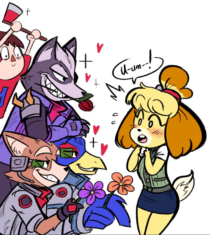 isabelle, villager, fox mccloud, wolf o'donnell, and falco lombardi (super smash bros. and 2 more) drawn by scruffyturtles