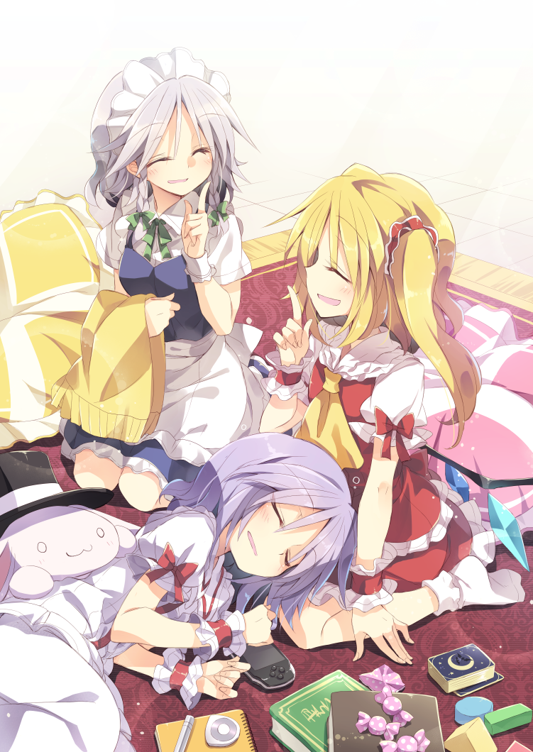 remilia scarlet, flandre scarlet, and izayoi sakuya (touhou) drawn by satou_kibi
